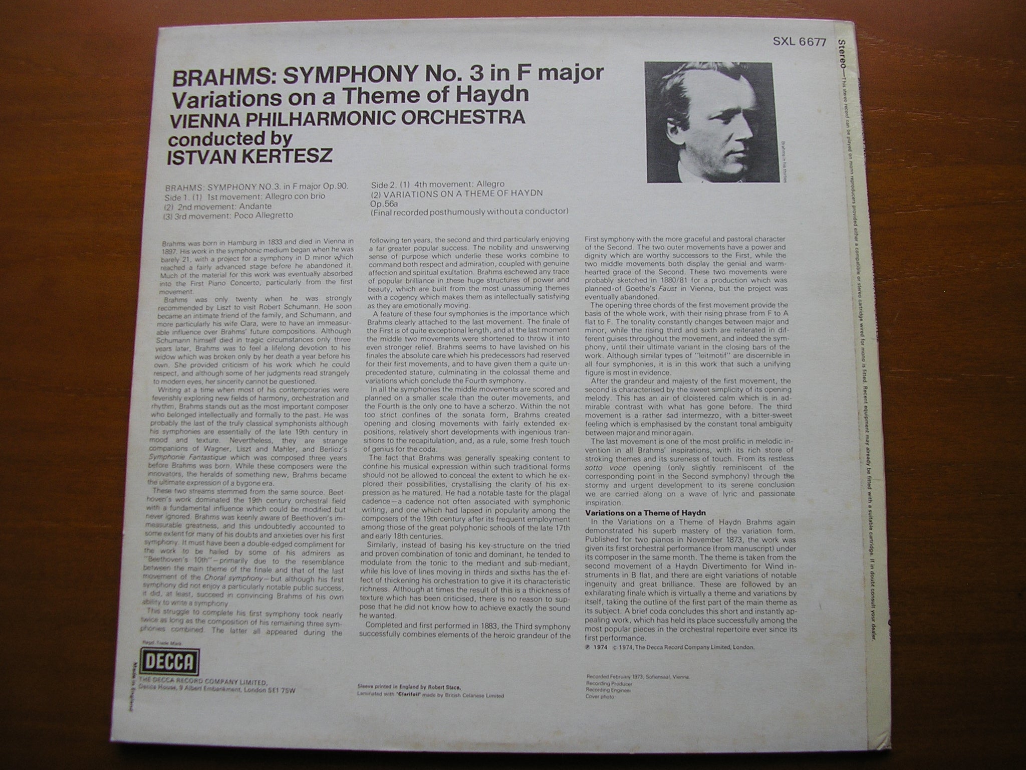 SXL 6677 BRAHMS: SYMPHONY No. 3 / HAYDN VARIATIONS KERTESZ / VIENNA PHILHARMONIC