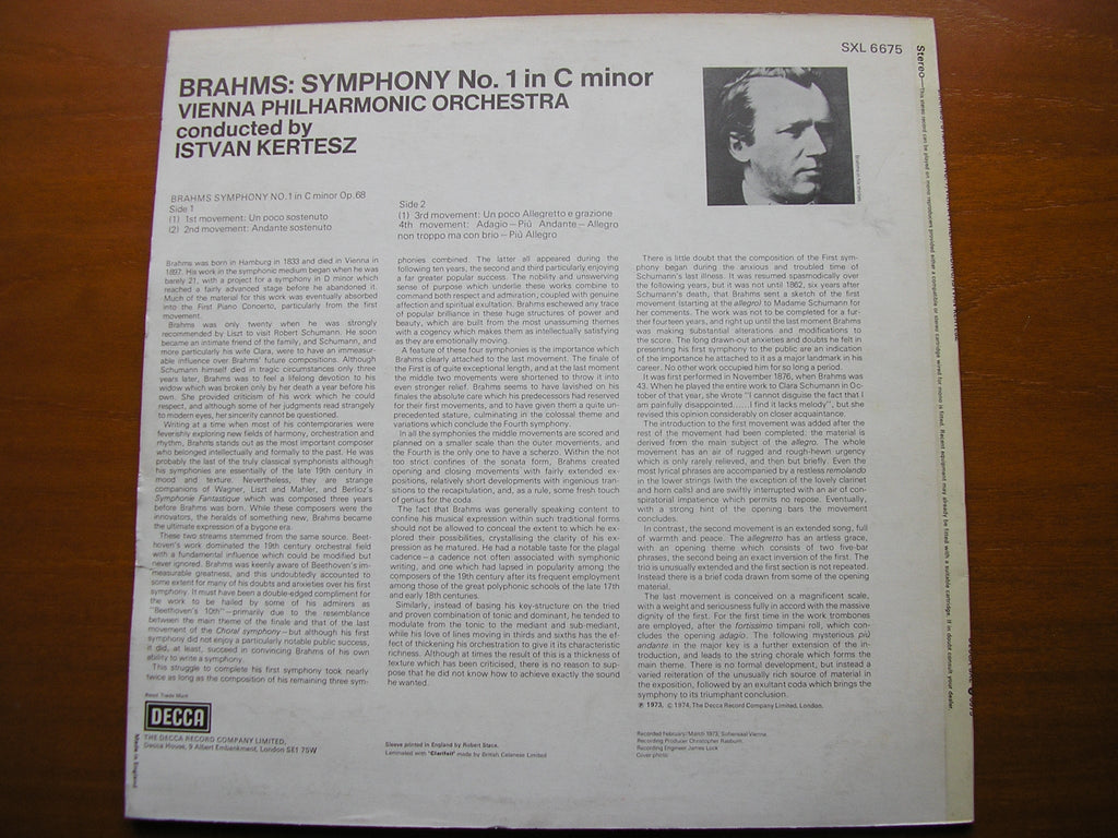 SXL 6675 BRAHMS: SYMPHONY No. 1 KERTESZ / VIENNA PHILHARMONIC