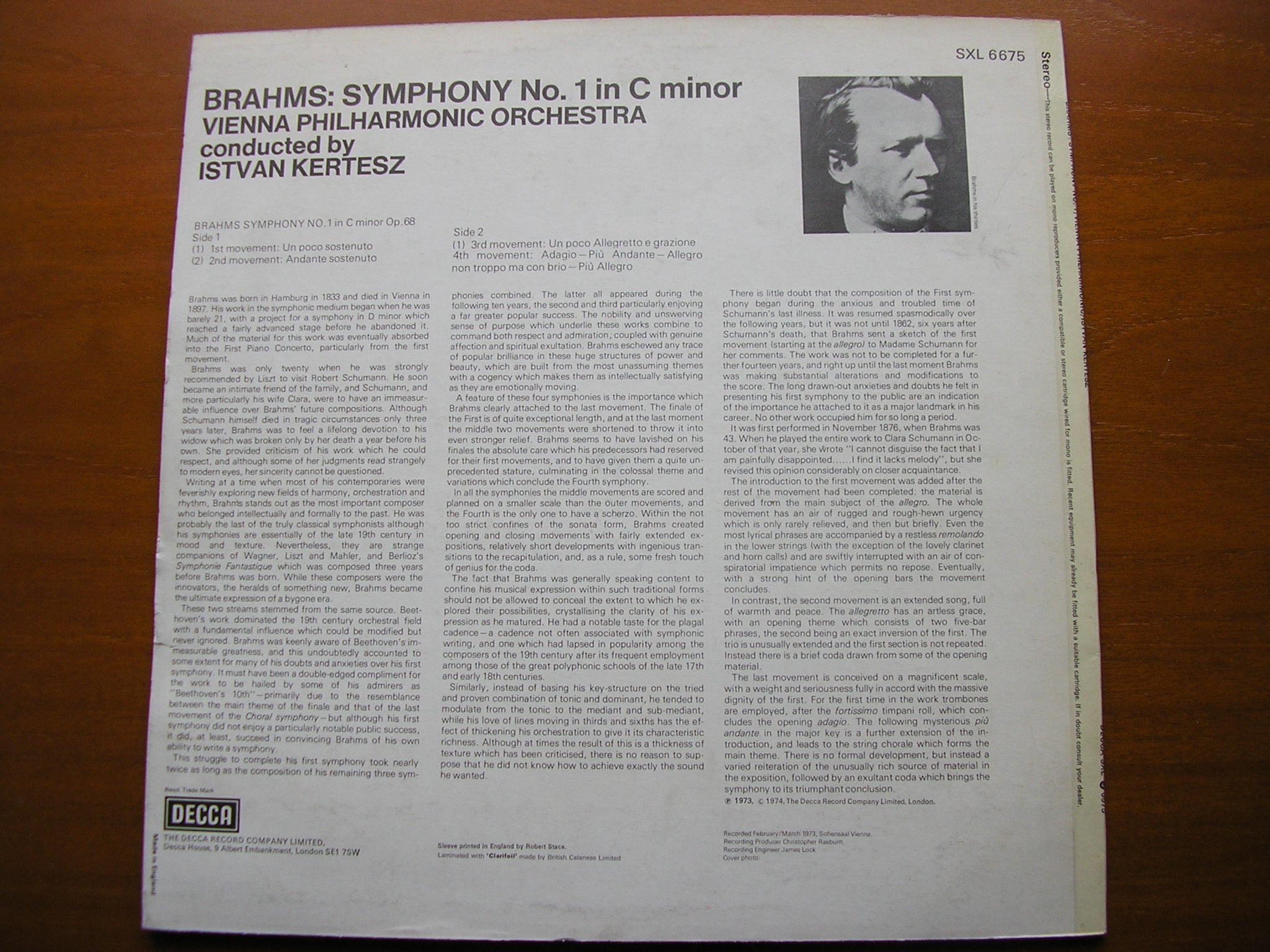 SXL 6675 BRAHMS: SYMPHONY No. 1 KERTESZ / VIENNA PHILHARMONIC