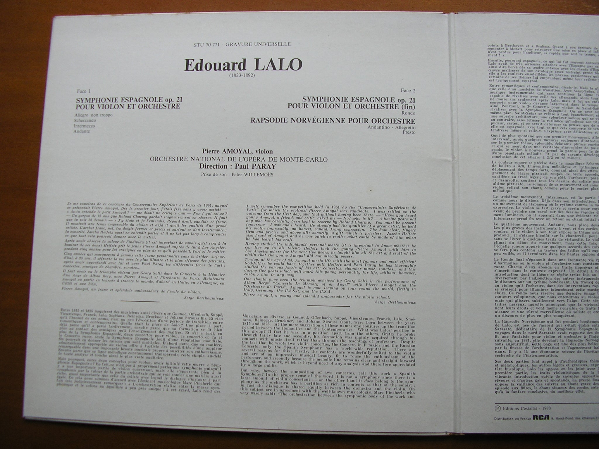 LALO: SYMPHONIE ESPAGNOLE / RHAPSODIE NORVEGIENNE    AMOYAL / MONTE CARLO OPERA ORCHESTRA / PARAY    STU 70771