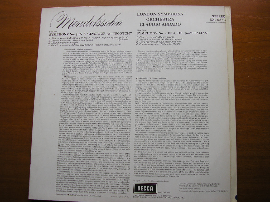 SXL 6363 MENDELSSOHN: SYMPHONIES Nos. 3 'Scotch' & 4 'Italian' ABBADO / LONDON SYMPHONY