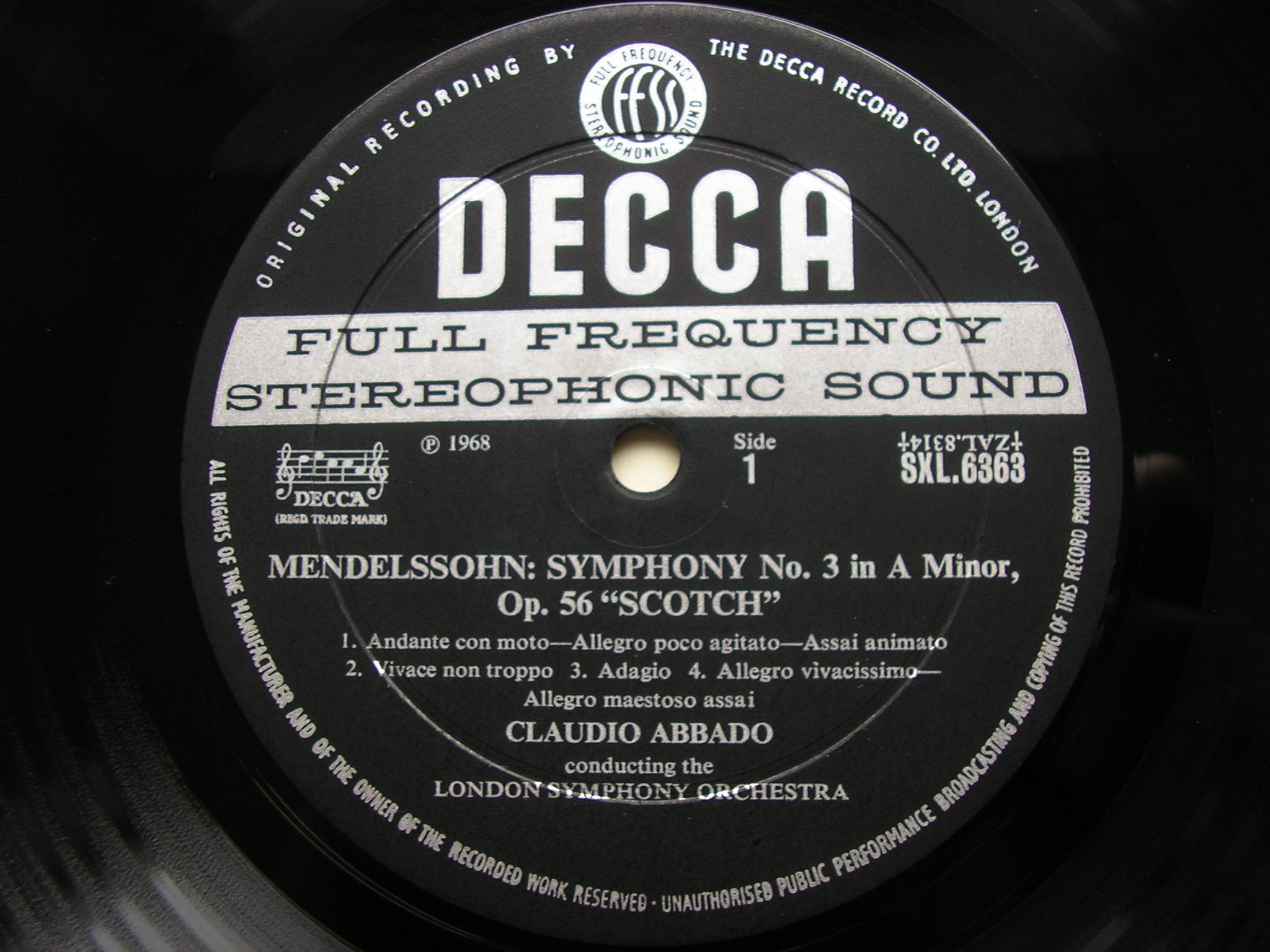 SXL 6363 MENDELSSOHN: SYMPHONIES Nos. 3 'Scotch' & 4 'Italian' ABBADO / LONDON SYMPHONY