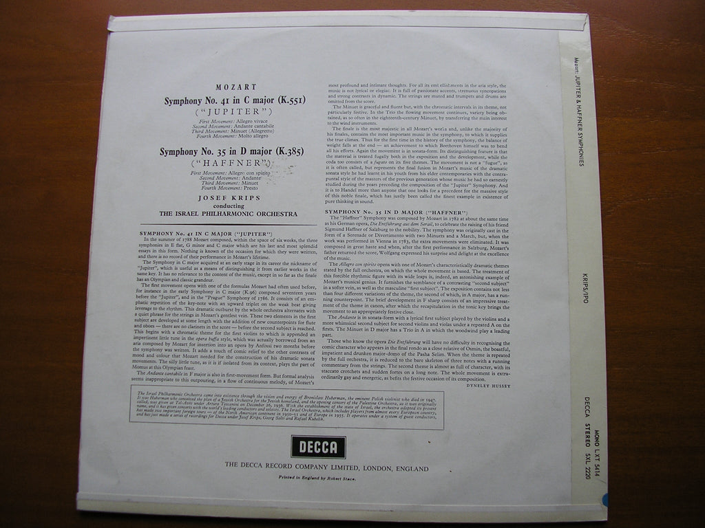 SXL 2220 MOZART: SYMPHONIES Nos. 35 & 41 'Jupiter' KRIPS / ISRAEL PHILHARMONIC