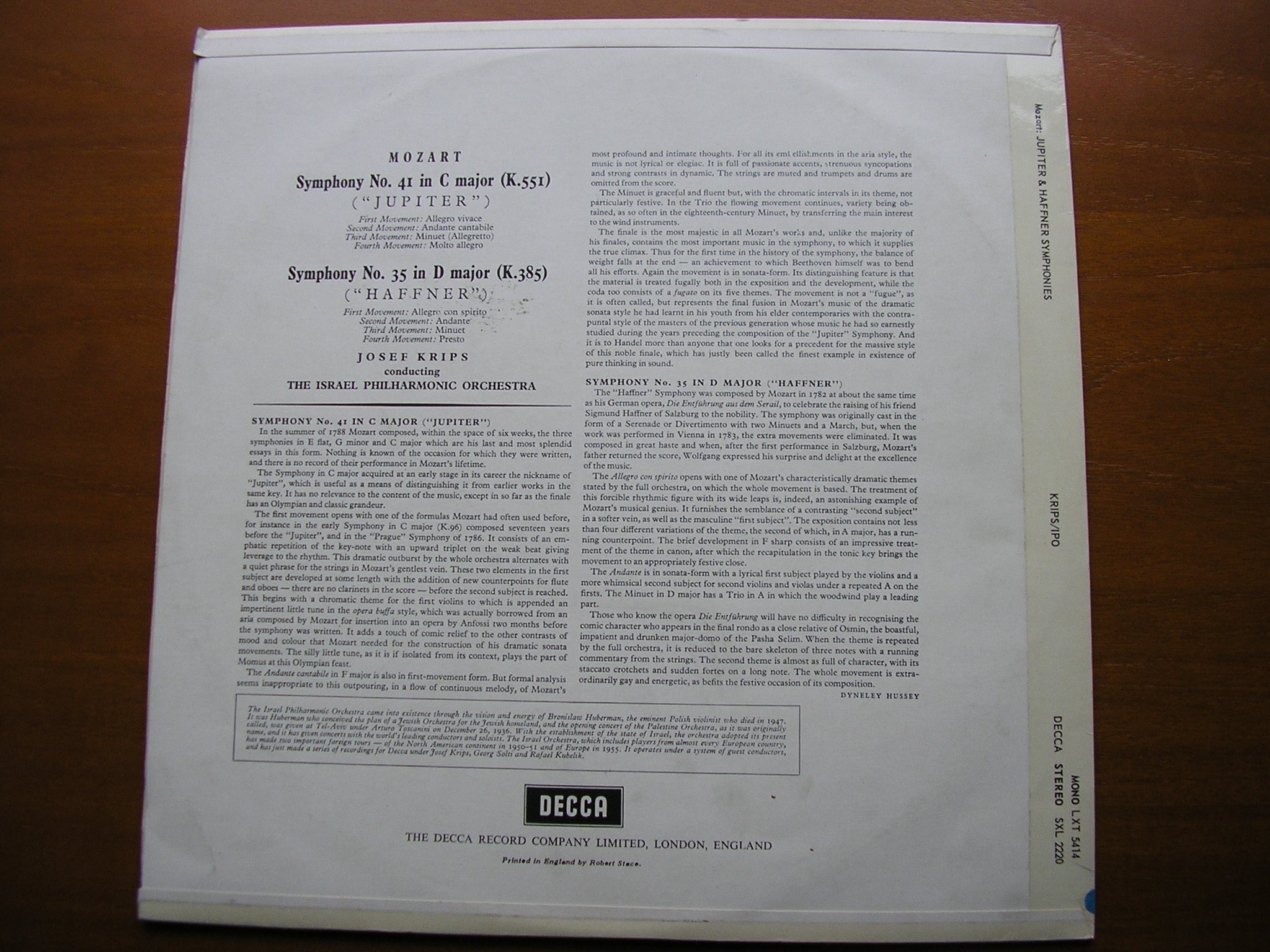 SXL 2220 MOZART: SYMPHONIES Nos. 35 & 41 'Jupiter' KRIPS / ISRAEL PHILHARMONIC