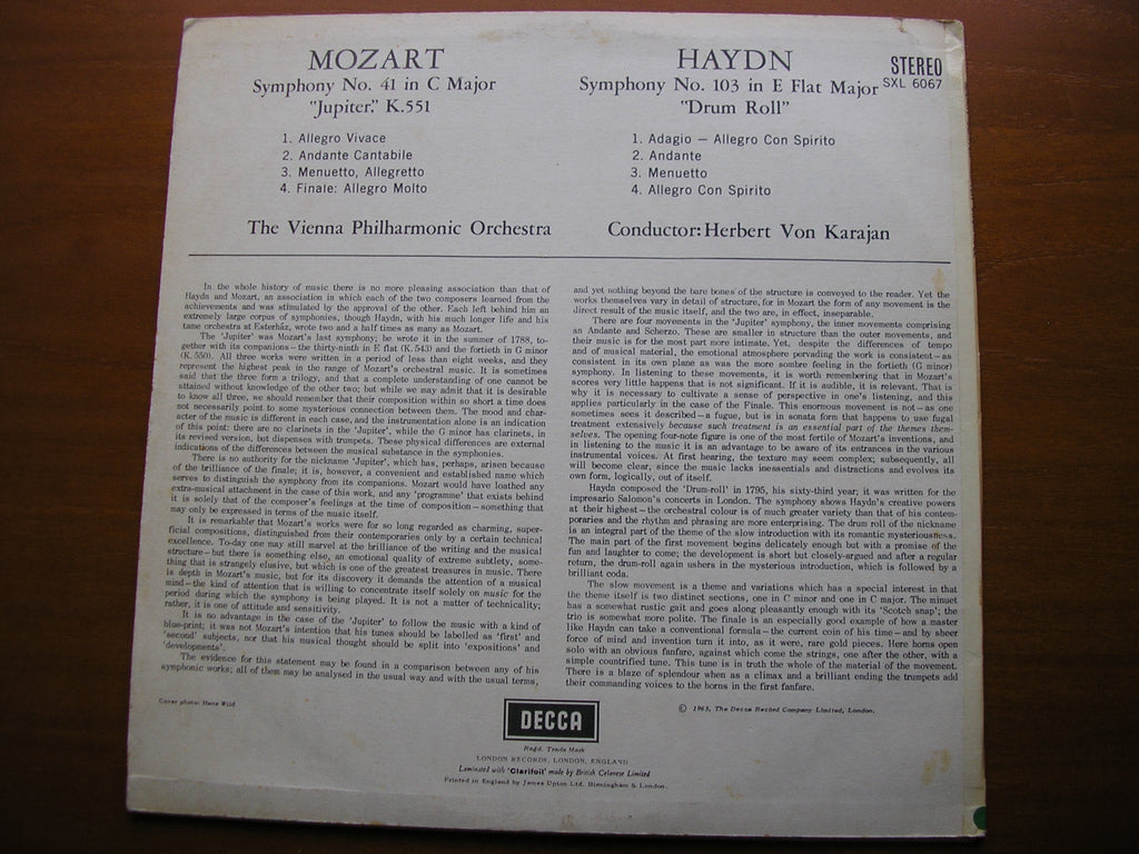 SXL 6067 MOZART: SYMPHONY No. 41 'Jupiter' / HAYDN: SYMPHONY No.103 'Drumroll' KARAJAN / VIENNA PHILHARMONIC