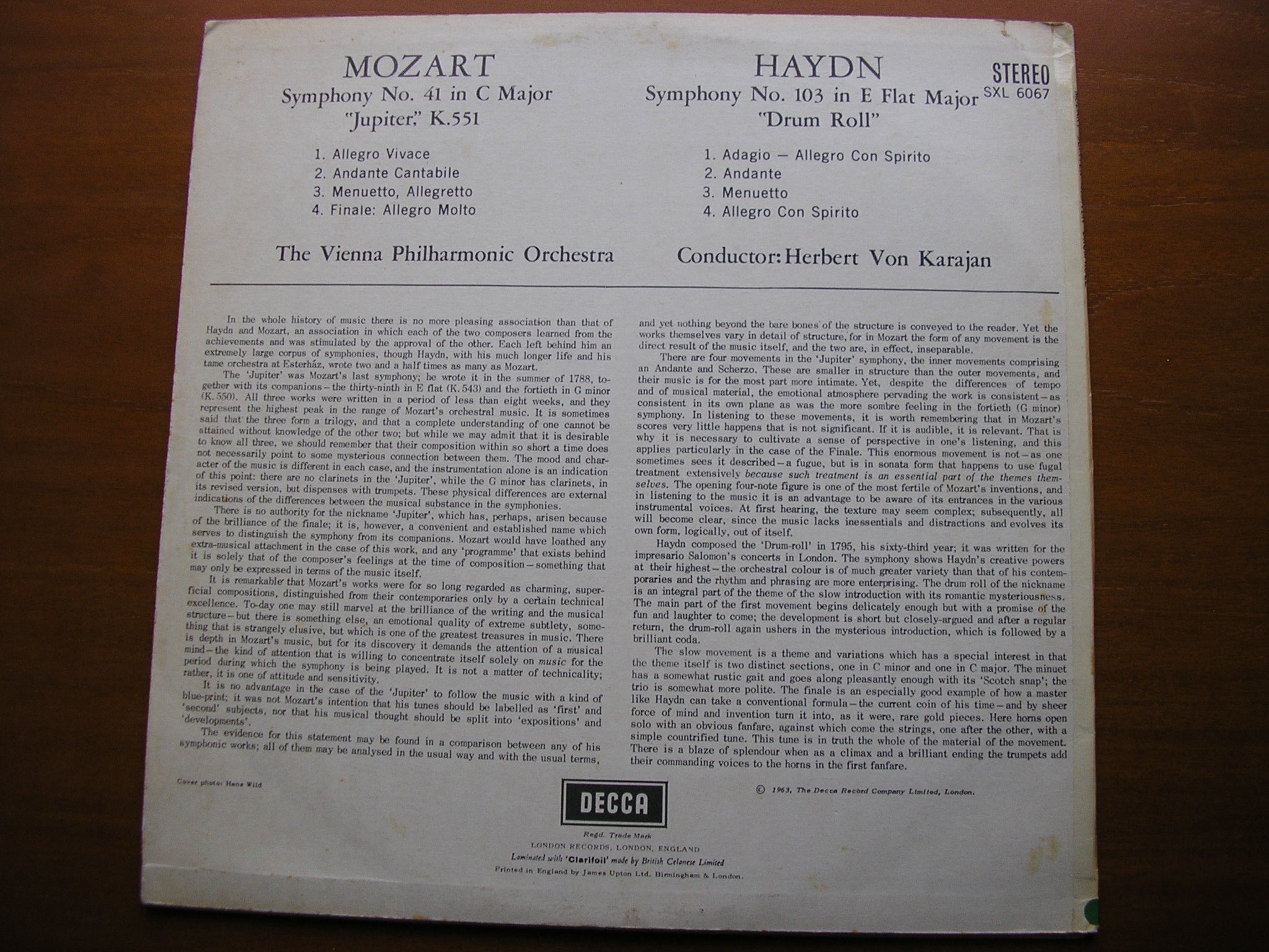 SXL 6067 MOZART: SYMPHONY No. 41 'Jupiter' / HAYDN: SYMPHONY No.103 'Drumroll' KARAJAN / VIENNA PHILHARMONIC