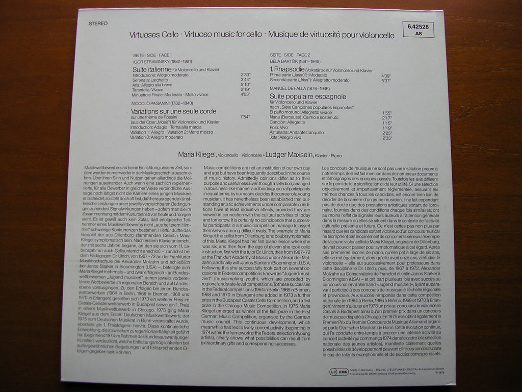 PAGANINI / BARTOK / FALLA / STRAVINSKY: MUSIC FOR CELLO   KLIEGEL / MAXSEIN   6.42528