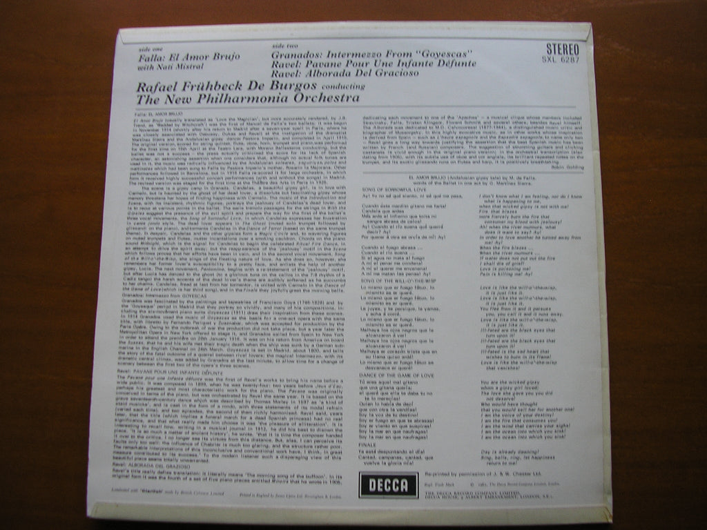 SXL 6287 FALLA: EL AMOR BRUJO / RAVEL: ALBORADA / PAVANE / GRANADOS: INTERMEZZO DE BURGOS / NEW PHILHARMONIA