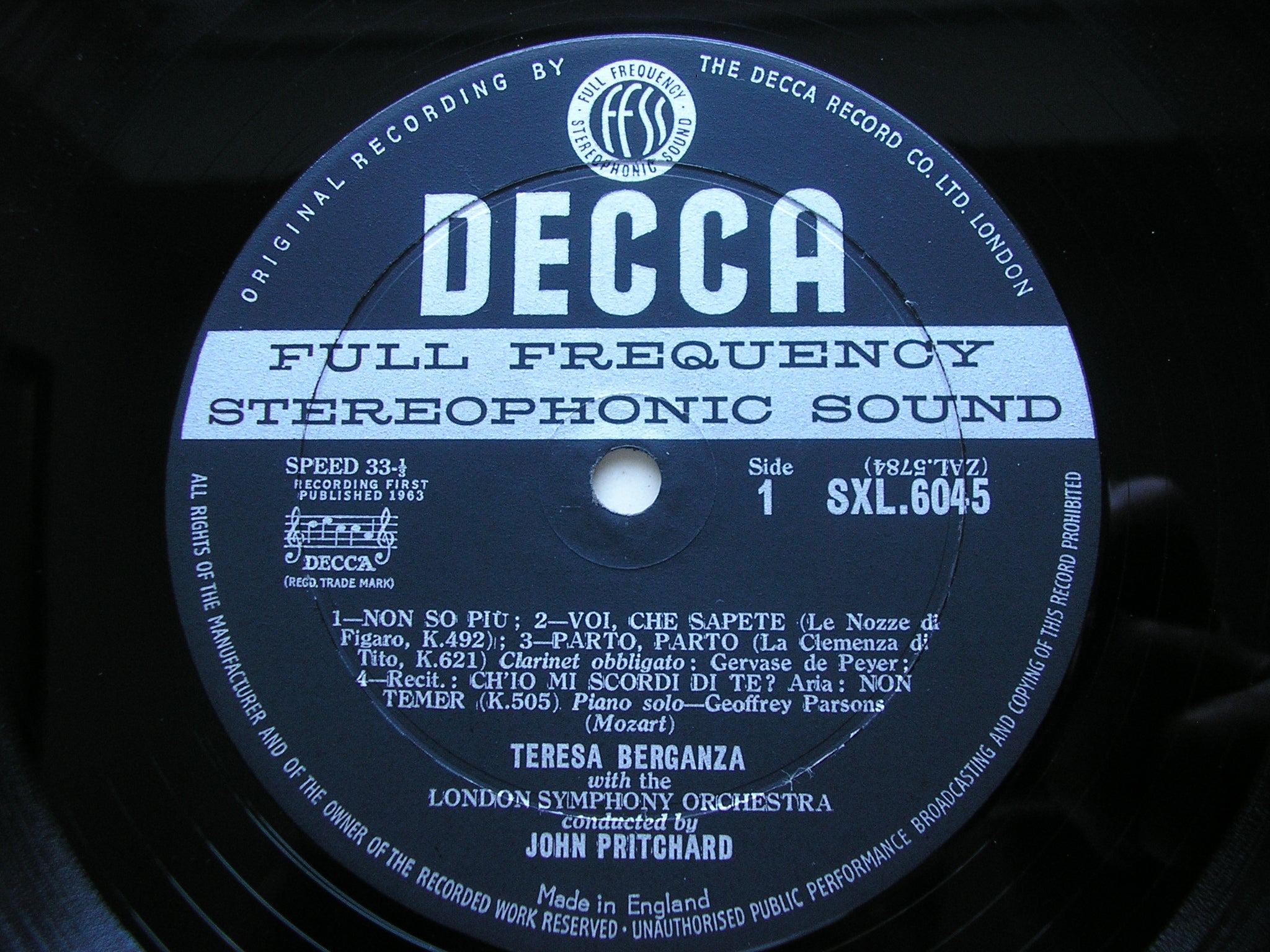 SXL 6045 TERESA BERGANZA SINGS MOZART ARIAS BERGANZA / LONDON SYMPHONY / PRITCHARD