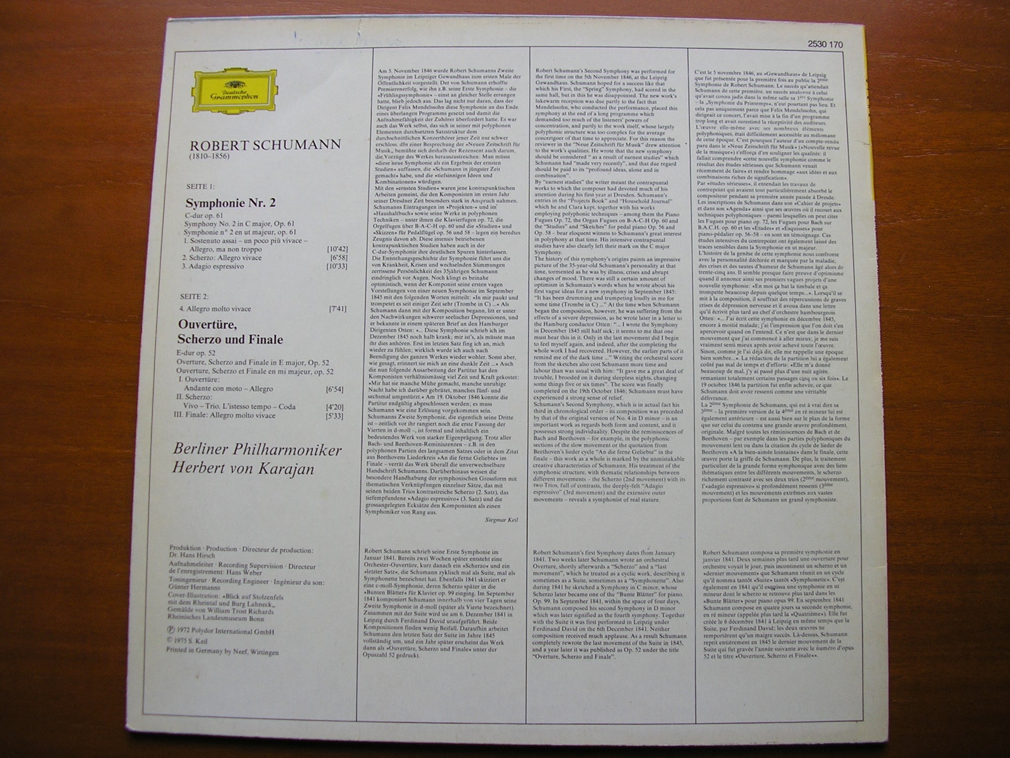 SCHUMANN: SYMPHONY No. 2 / OVERTURE, SCHERZO & FINALE Op. 52   KARAJAN / BERLIN PHILHARMONIC     2530 170