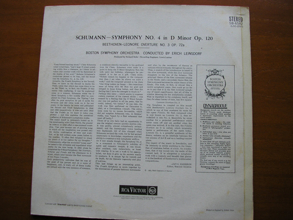 SCHUMANN: SYMPHONY No. 4 / BEETHOVEN: LEONORA No. 3     LEINSDORF / BOSTON SYMPHONY   SB 6582