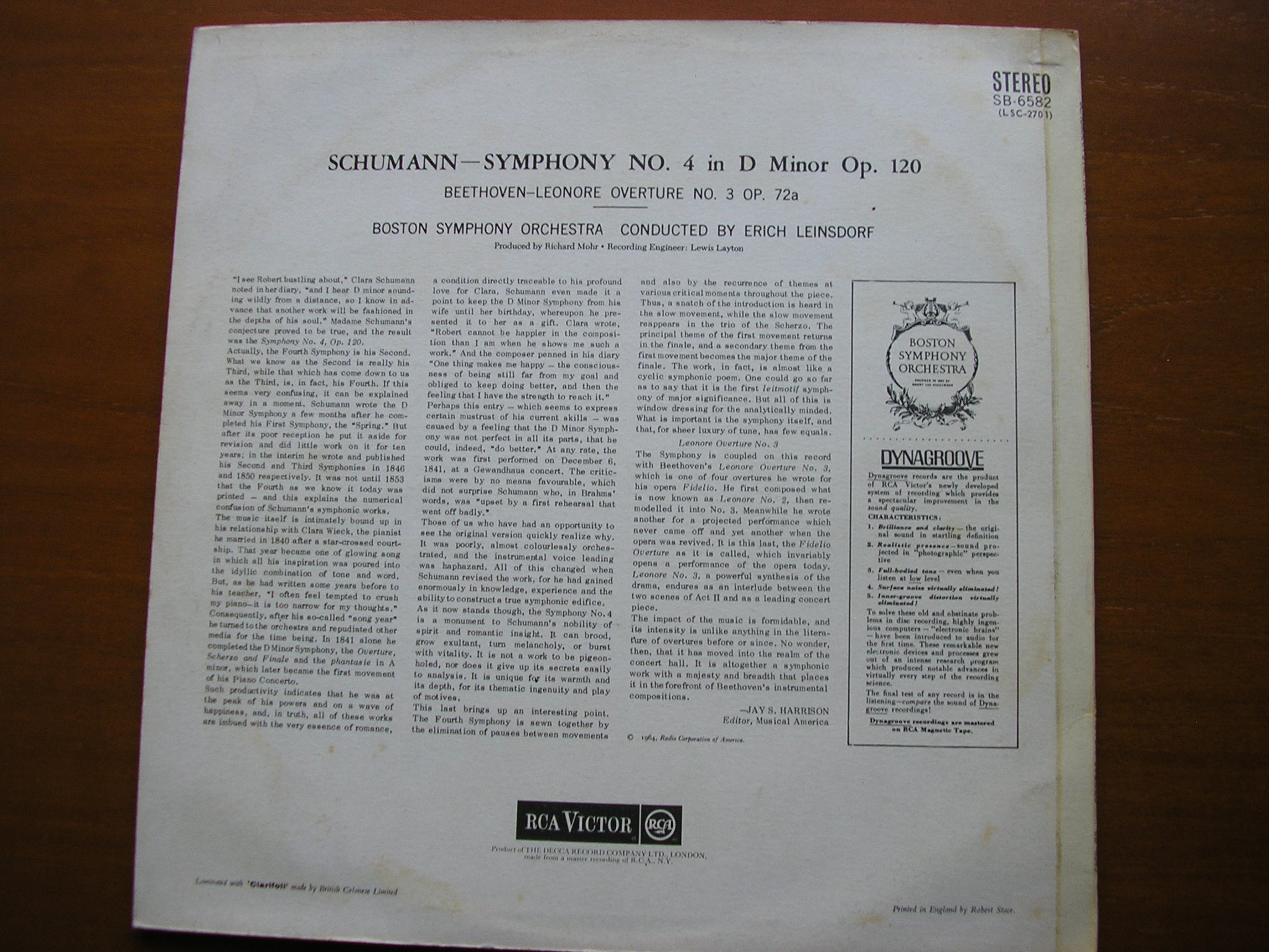 SCHUMANN: SYMPHONY No. 4 / BEETHOVEN: LEONORA No. 3     LEINSDORF / BOSTON SYMPHONY   SB 6582