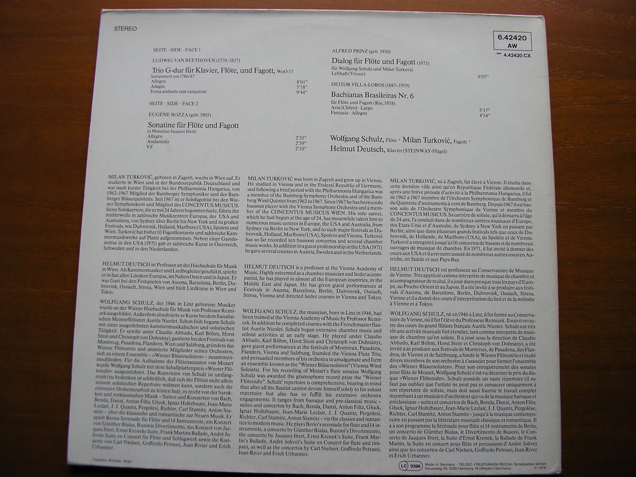 MUSIC FOR FLUTE, BASSOON & PIANO: BEETHOVEN / BOZZA / PRINZ / VILLA-LOBOS   TURKOVIC / SCHULZ / DEUTSCH   6.42420