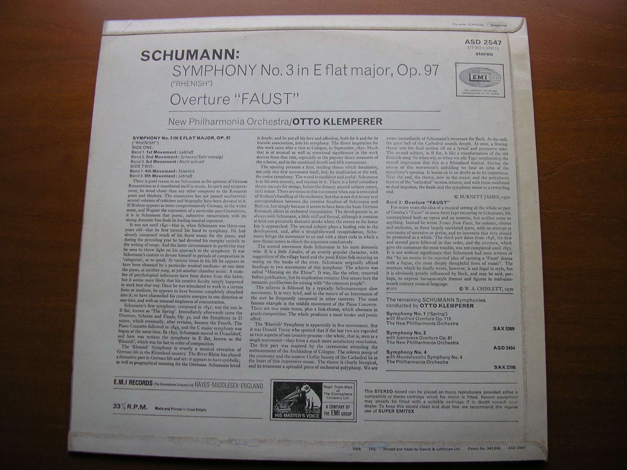 SCHUMANN: SYMPHONY No. 3 'Rhenish' /  FAUST OVERTURE     KLEMPERER / NEW PHILHARMONIA    ASD 2547