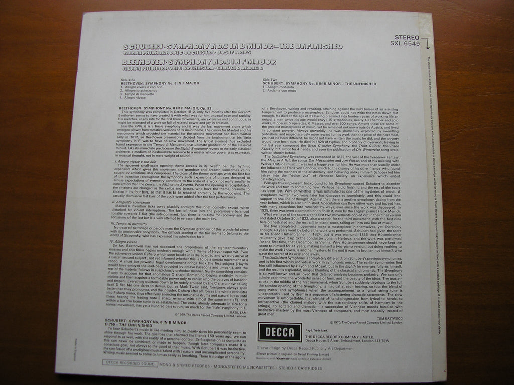 SXL 6549 SCHUBERT: UNFINISHED / BEETHOVEN: SYMPHONY No. 8 KRIPS / ABBADO / VIENNA PHILHARMONIC