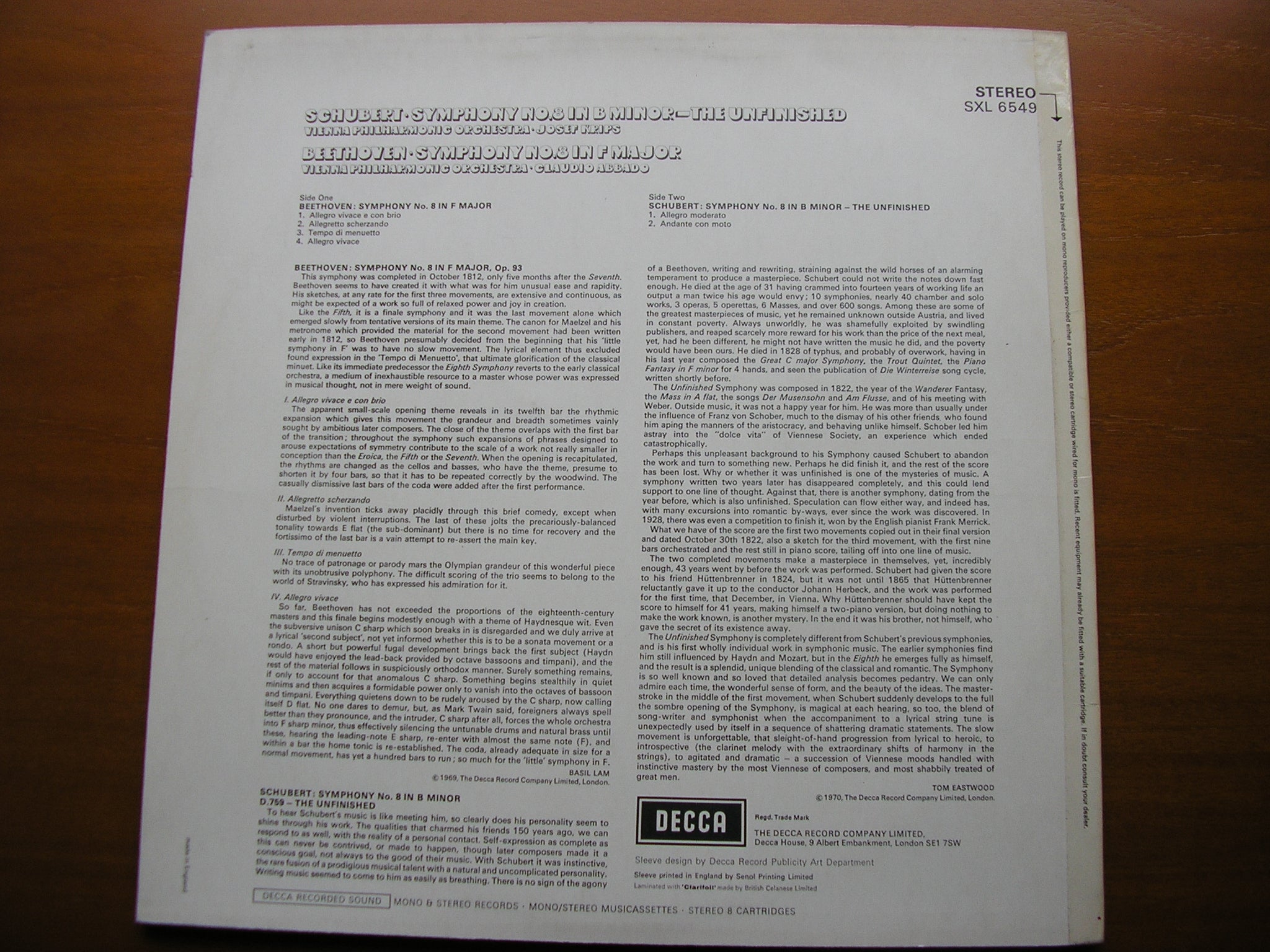 SXL 6549 SCHUBERT: UNFINISHED / BEETHOVEN: SYMPHONY No. 8 KRIPS / ABBADO / VIENNA PHILHARMONIC