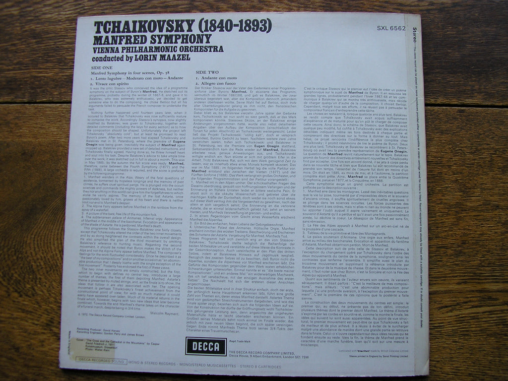 SXL 6562 TCHAIKOVSKY: MANFRED SYMPHONY LORIN MAAZEL / VIENNA PHILHARMONIC