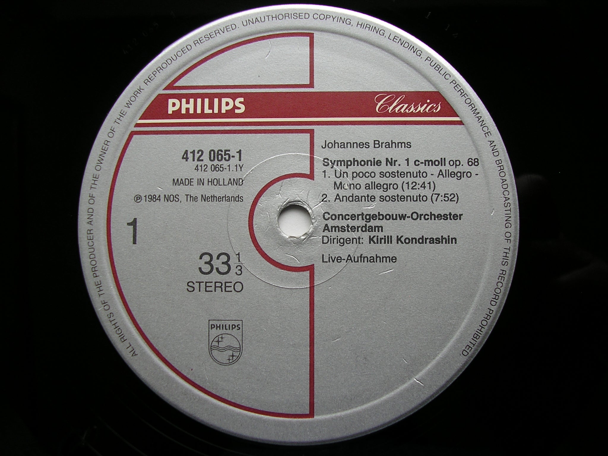 BRAHMS: SYMPHONY No. 1   KONDRASHIN / CONCERTGEBOUW AMSTERDAM   412 065