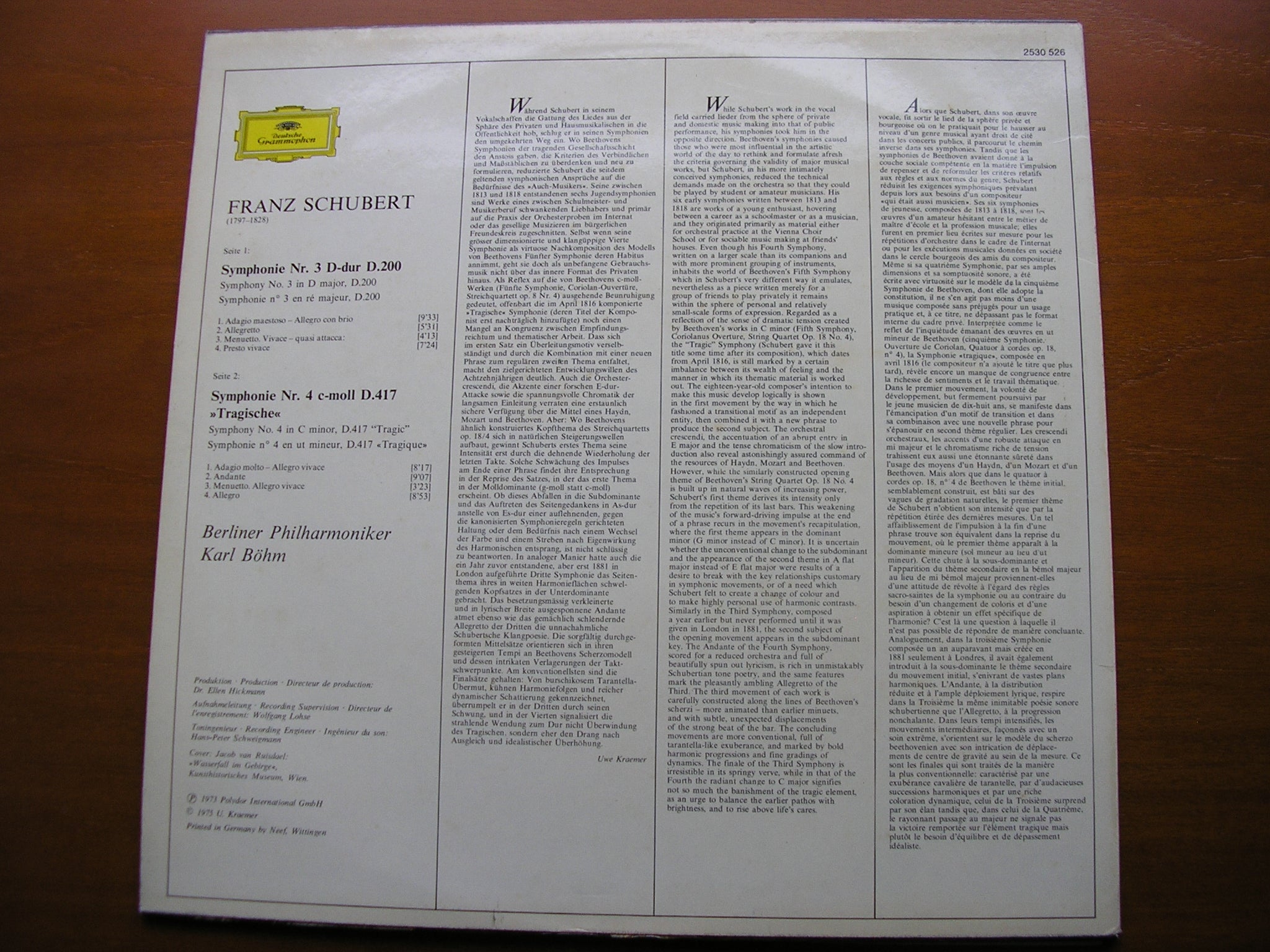 SCHUBERT: SYMPHONIES Nos. 3 & 4      BOHM / BERLIN PHILHARMONIC   2530 526