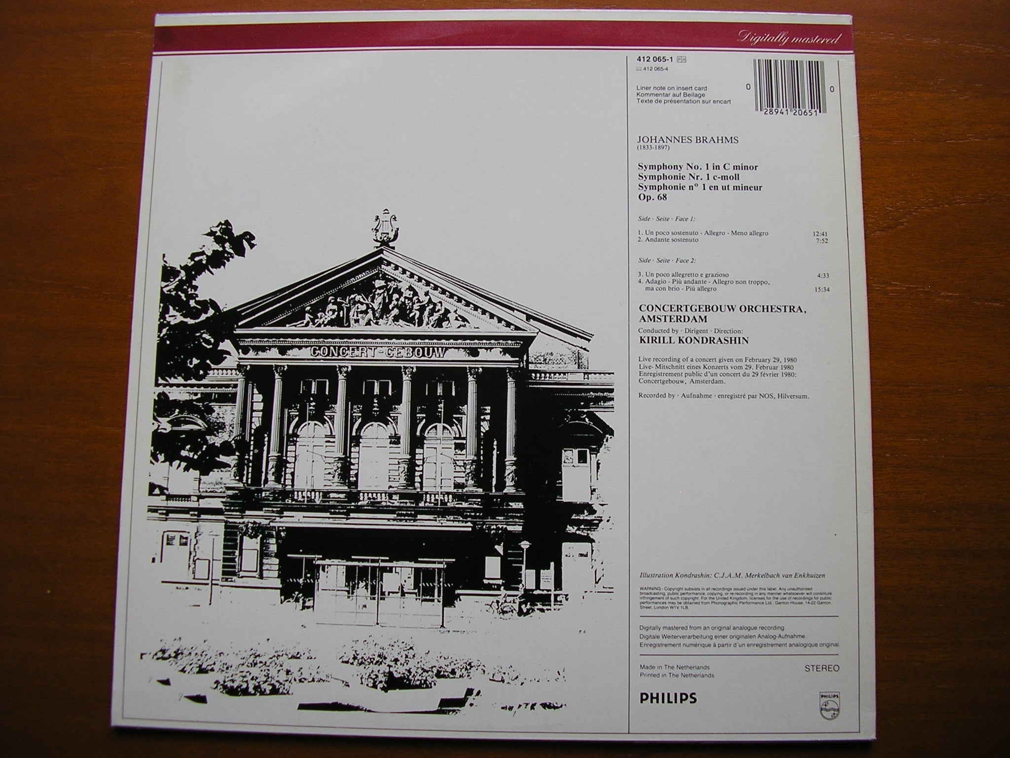 BRAHMS: SYMPHONY No. 1   KONDRASHIN / CONCERTGEBOUW AMSTERDAM   412 065