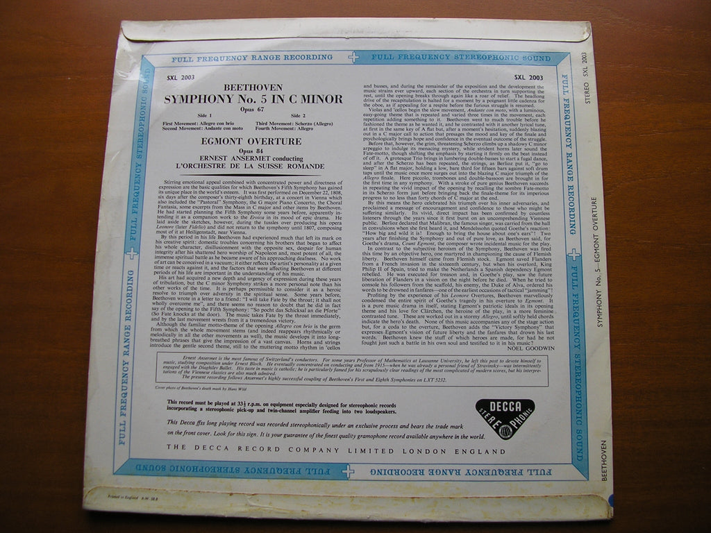 SXL 2003  BEETHOVEN: SYMPHONY No. 5 / EGMONT OVERTURE     ANSERMET / SUISSE ROMANDE     ED 1