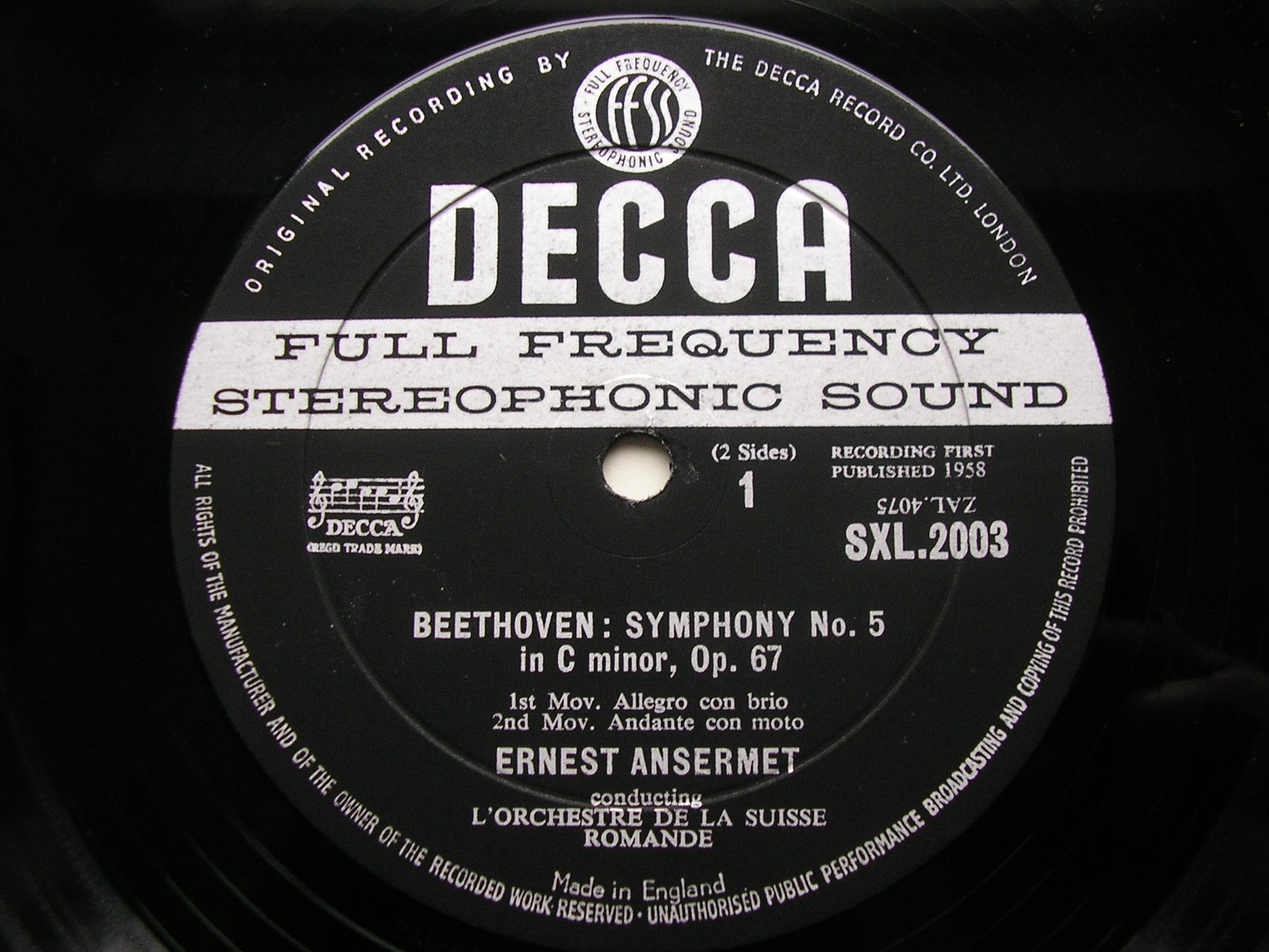 SXL 2003  BEETHOVEN: SYMPHONY No. 5 / EGMONT OVERTURE     ANSERMET / SUISSE ROMANDE     ED 1