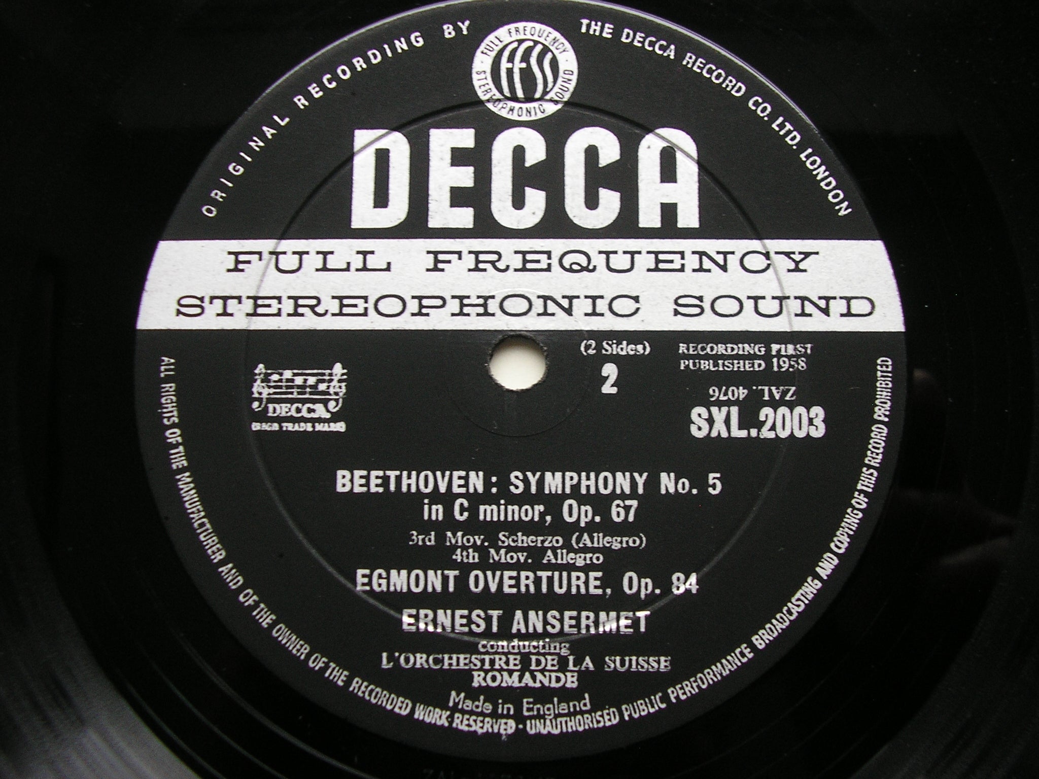 SXL 2003  BEETHOVEN: SYMPHONY No. 5 / EGMONT OVERTURE     ANSERMET / SUISSE ROMANDE     ED 1