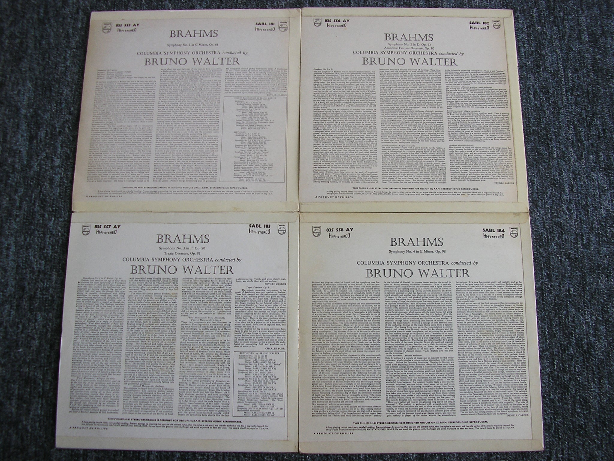BRAHMS: THE FOUR SYMPHONIES / TWO OVERTURES    BRUNO WALTER / COLUMBIA SYMPHONY  SABL 181 - 184