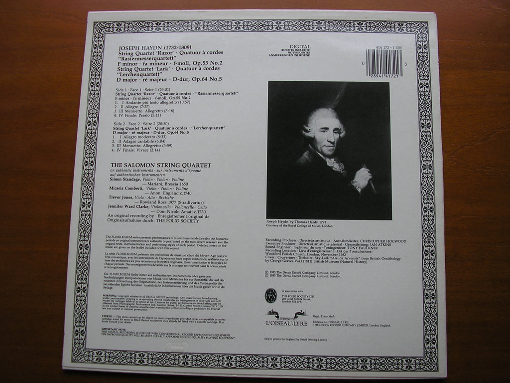 HAYDN: STRING QUARTETS 'Lark' Op. 64 & 'Razor' Op. 55    SALOMON STRING QUARTET     414 172