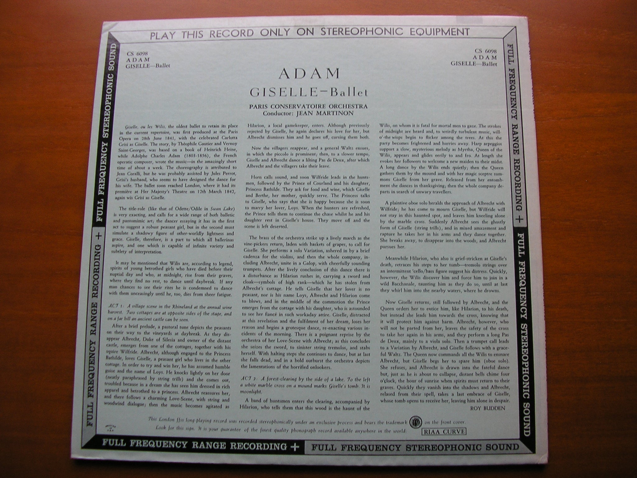 ADAM: GISELLE     PARIS CONSERVATOIRE ORCHESTRA / MARTINON    CS 6098