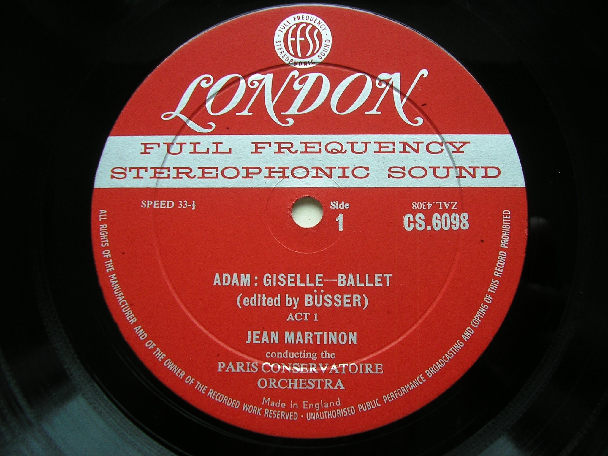 ADAM: GISELLE     PARIS CONSERVATOIRE ORCHESTRA / MARTINON    CS 6098