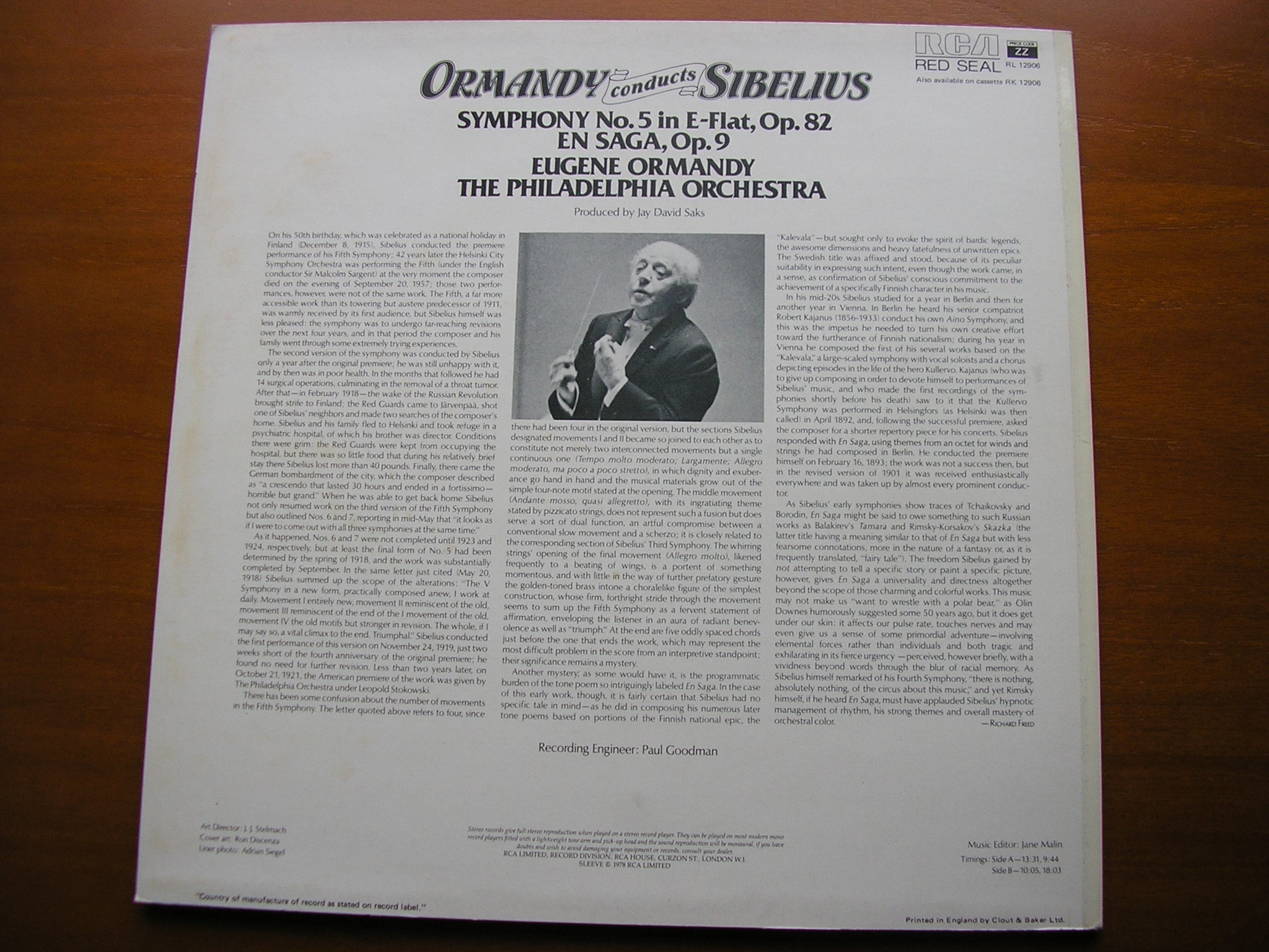 SIBELIUS: SYMPHONY No. 5 / EN SAGA     ORMANDY / PHILADELPHIA ORCHESTRA    RL 12906