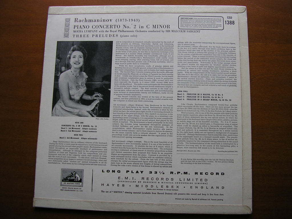 RACHMANINOV: PIANO CONCERTO No. 2 / THREE PRELUDES    LYMPANY / ROYAL PHILHARMONIC / SARGENT      CSD 1388