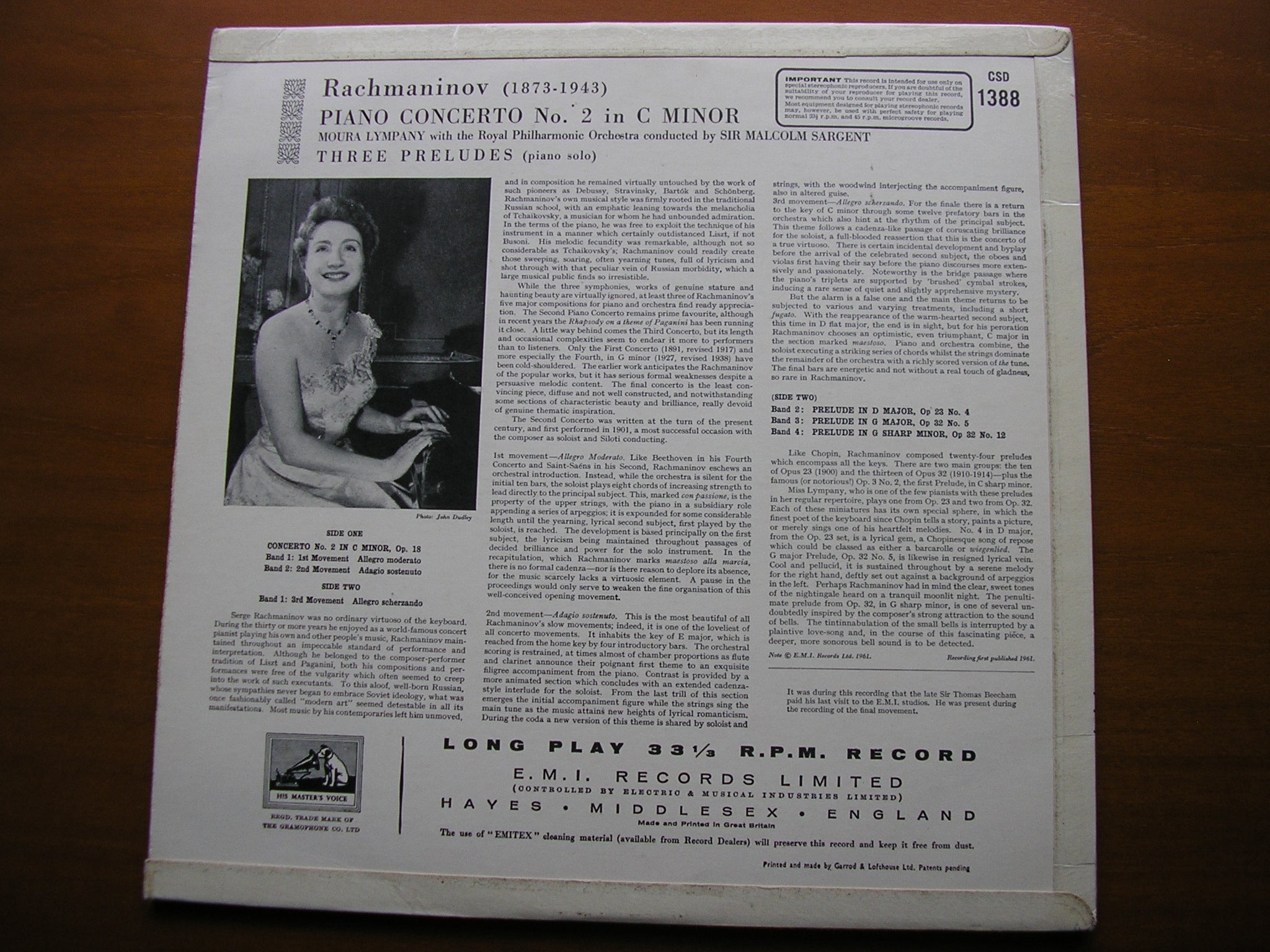 RACHMANINOV: PIANO CONCERTO No. 2 / THREE PRELUDES    LYMPANY / ROYAL PHILHARMONIC / SARGENT      CSD 1388