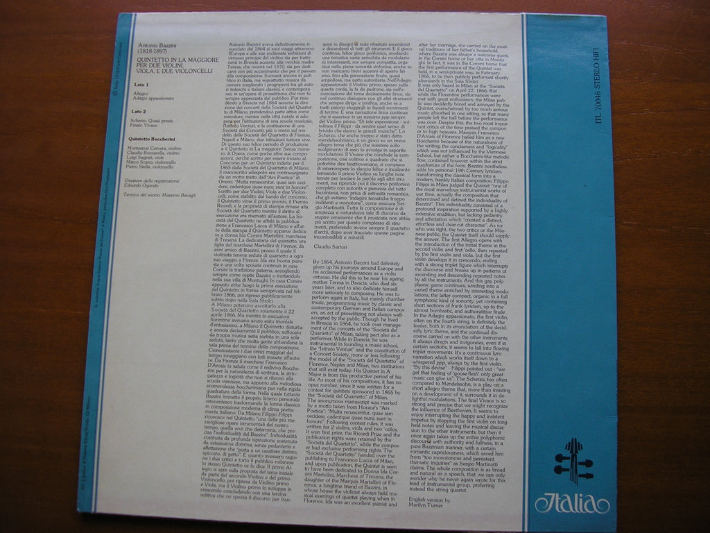 BAZZINI: STRING QUINTET in A     QUINTETTO BOCCHERINI     ITL 70046
