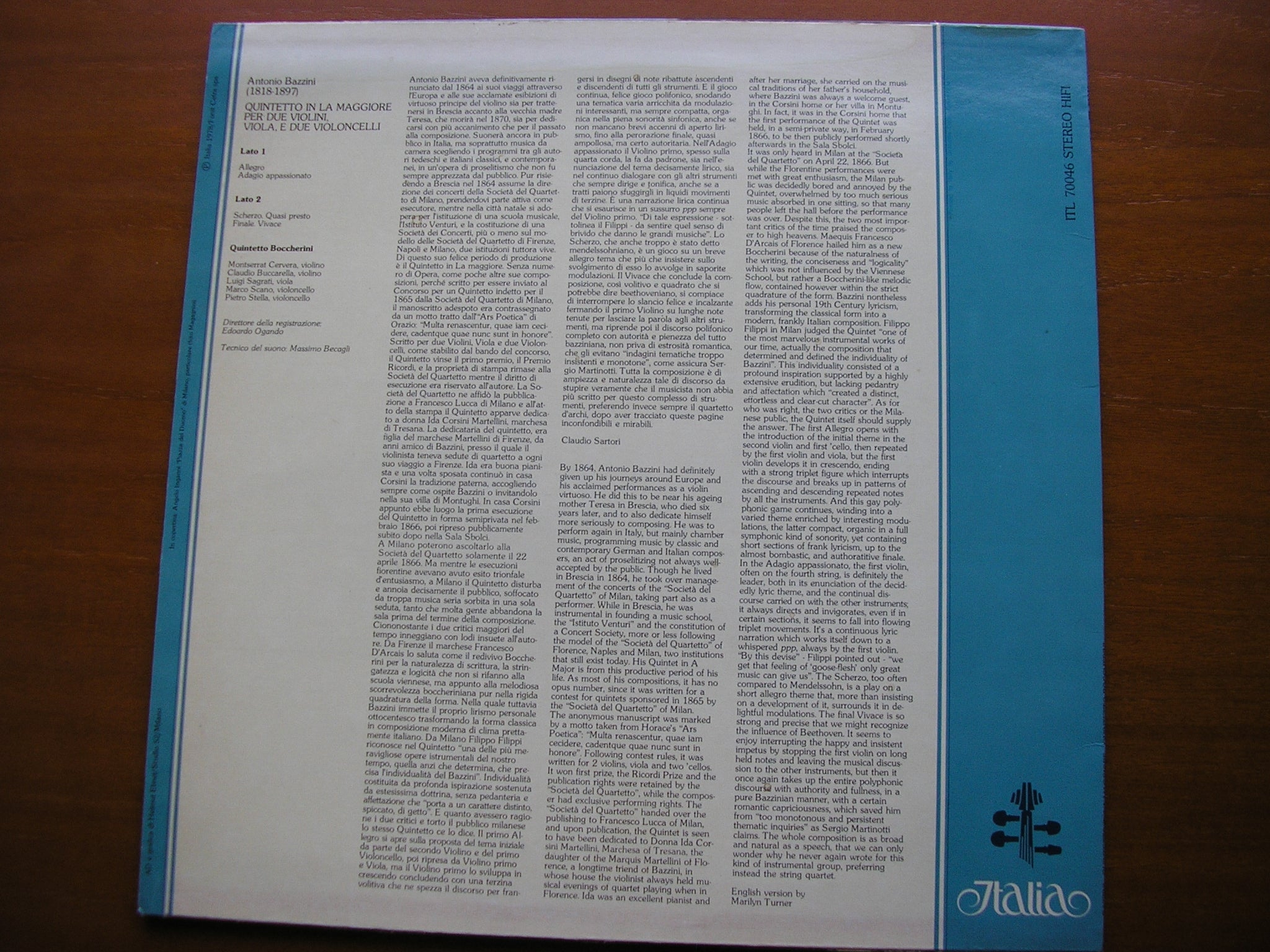 BAZZINI: STRING QUINTET in A     QUINTETTO BOCCHERINI     ITL 70046