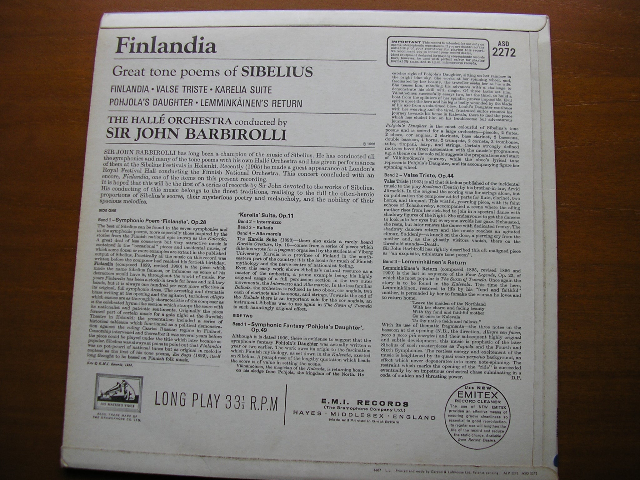 SIBELIUS: FINLANDIA / KARELIA SUITE / VALSE TRISTE      BARBIROLLI / HALLE ORCHESTRA      ASD 2272