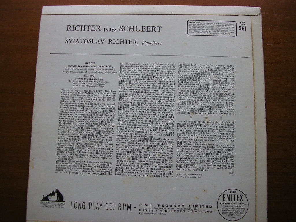 SCHUBERT: WANDERER FANTASIE / PIANO SONATA in A     SVIATOSLAV RICHTER     ASD 561
