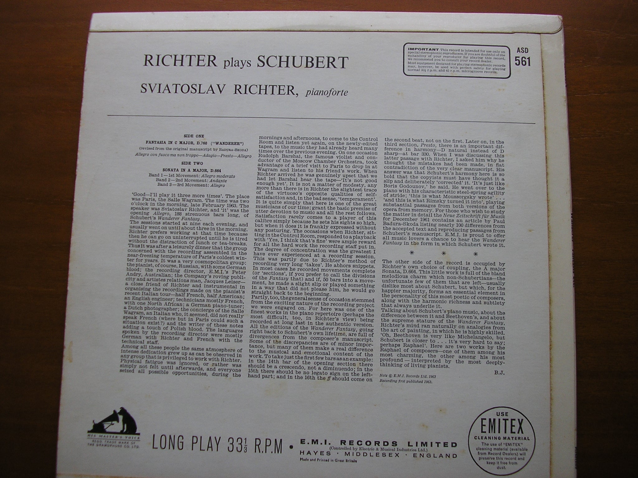 SCHUBERT: WANDERER FANTASIE / PIANO SONATA in A     SVIATOSLAV RICHTER     ASD 561