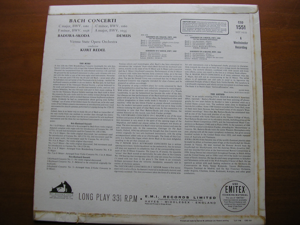 BACH: KEYBOARD CONCERTOS BWV 1055 / 1056 / 1060 / 1061    DEMUS / BADURA-SKODA / VIENNA STATE OPERA ORCHESTRA / KURT REDEL    CSD 1551
