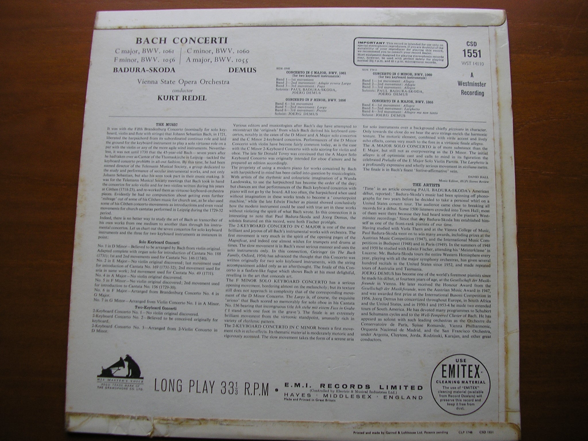 BACH: KEYBOARD CONCERTOS BWV 1055 / 1056 / 1060 / 1061    DEMUS / BADURA-SKODA / VIENNA STATE OPERA ORCHESTRA / KURT REDEL    CSD 1551