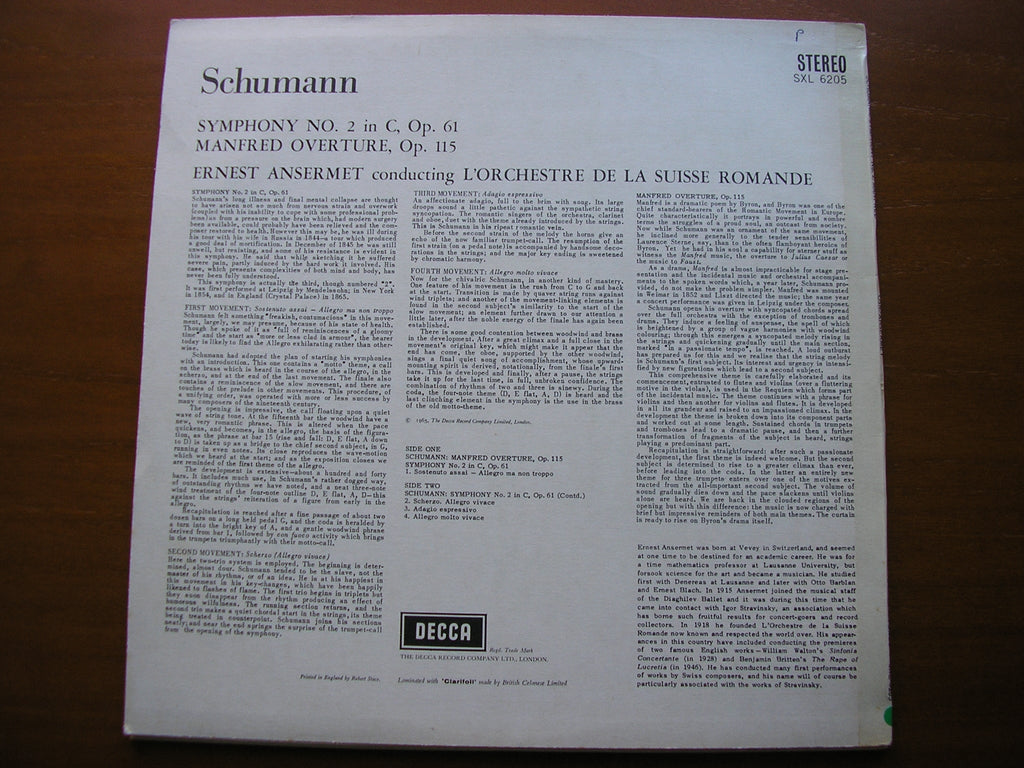 SXL 6205 ANSERMET CONDUCTS SCHUMANN: SYMPHONY No. 2 / MANFRED OVERTURE ANSERMET / SUISSE ROMANDE