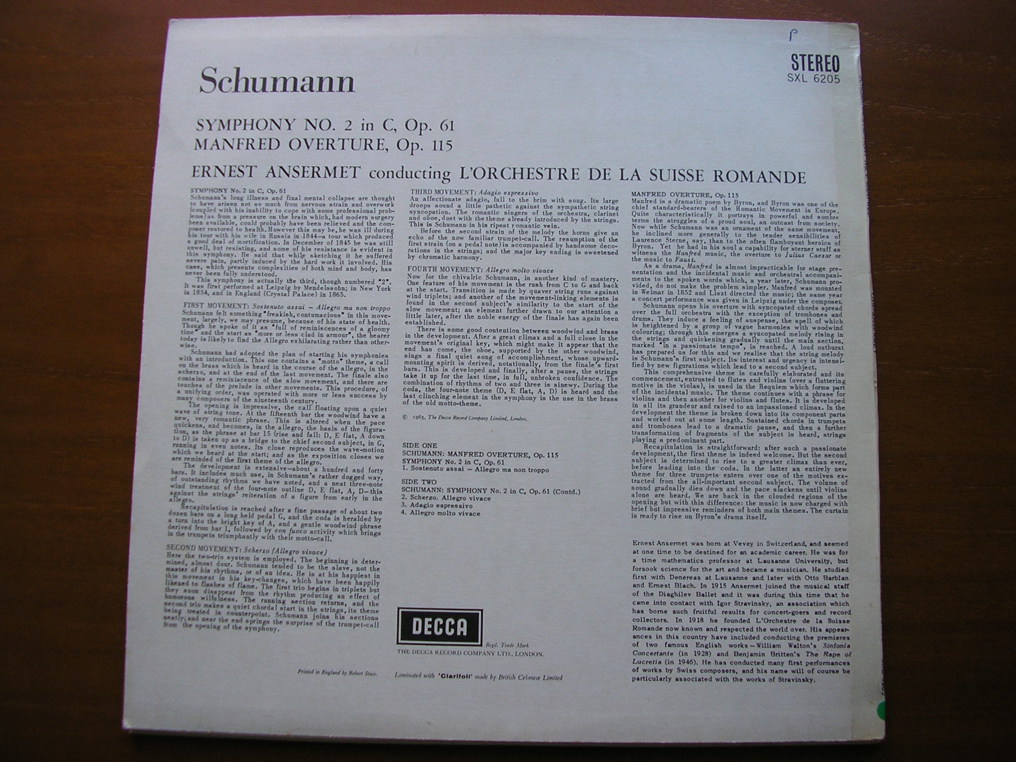 SXL 6205 ANSERMET CONDUCTS SCHUMANN: SYMPHONY No. 2 / MANFRED OVERTURE ANSERMET / SUISSE ROMANDE