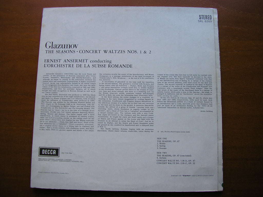 SXL 6269 ANSERMET CONDUCTS GLAZUNOV: THE SEASONS / CONCERT WALTZES ANSERMET / SUISSE ROMANDE