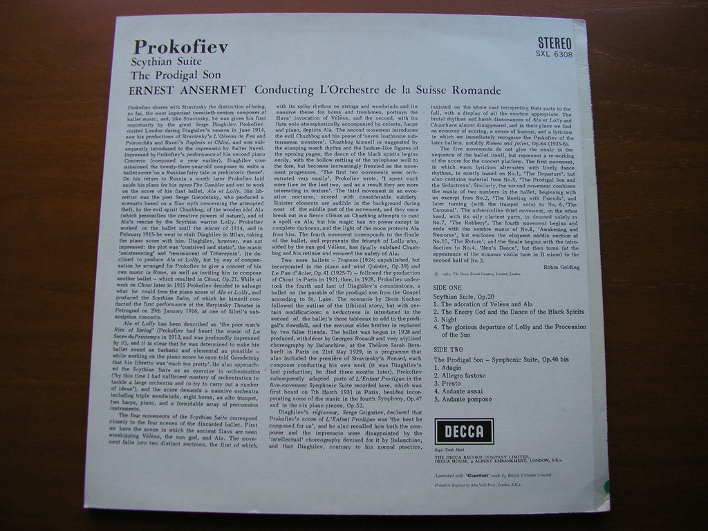 SXL 6308 ANSERMET CONDUCTS PROKOFIEV: SCYTHIAN SUITE / THE PRODIGAL SON ANSERMET / SUISSE ROMANDE