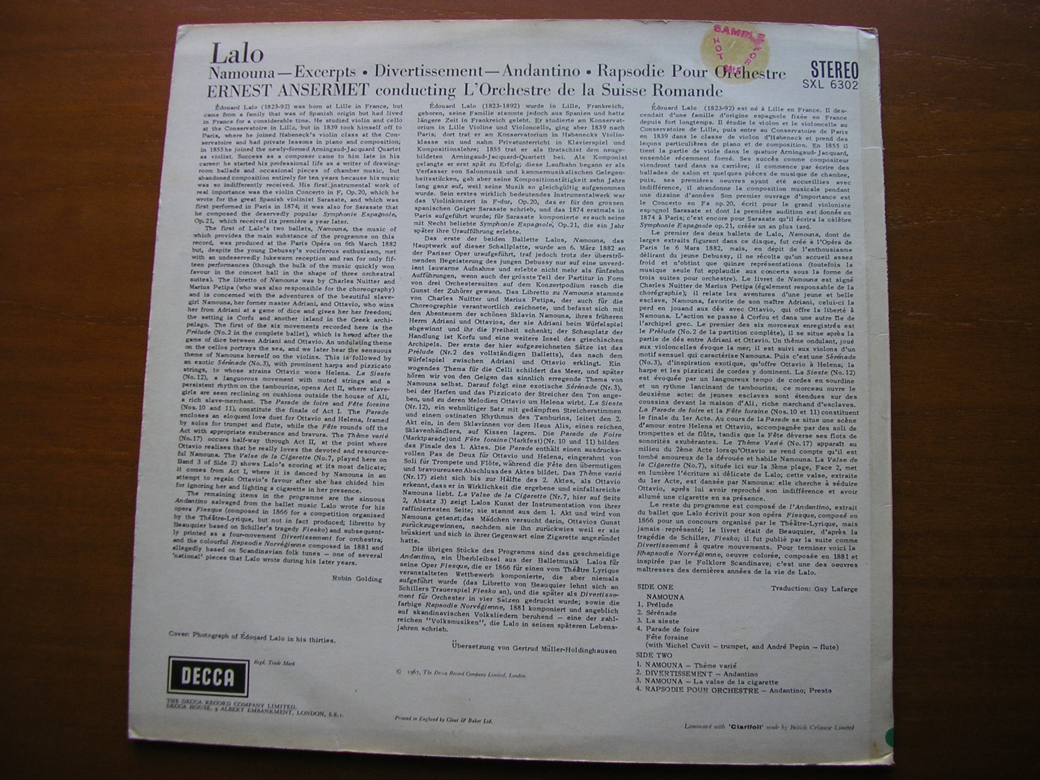 SXL 6302 ANSERMET CONDUCTS LALO: NAMOUNA / DIVERTISSEMENT / RAPSODIE ANSERMET / SUISSE ROMANDE