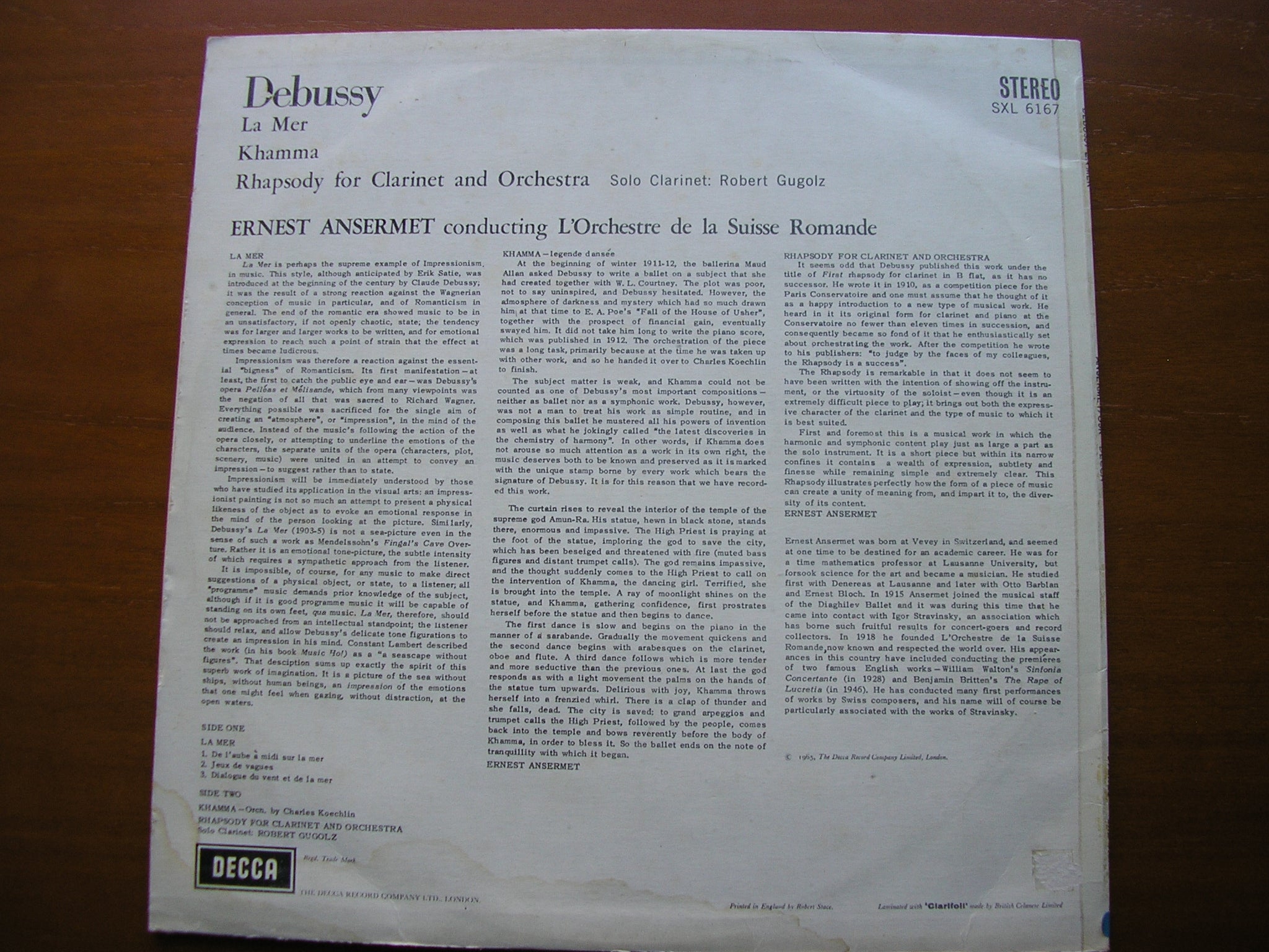 SXL 6167 ANSERMET CONDUCTS DEBUSSY: LA MER / KHAMMA / RHAPSODY ANSERMET / SUISSE ROMANDE