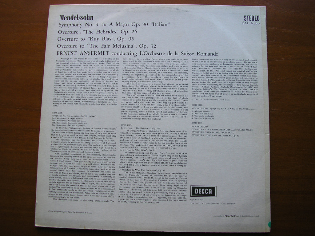 SXL 6166 ANSERMET CONDUCTS MENDELSSOHN: SYMPHONY No. 4 / OVERTURES ANSERMET / SUISSE ROMANDE