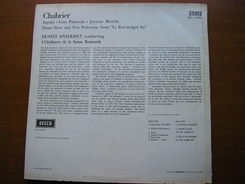 SXL 6168 ANSERMET CONDUCTS CHABRIER: ESPANA / JOYEUSE MARCHE / SUITE PASTORALE ANSERMET / SUISSE ROMANDE
