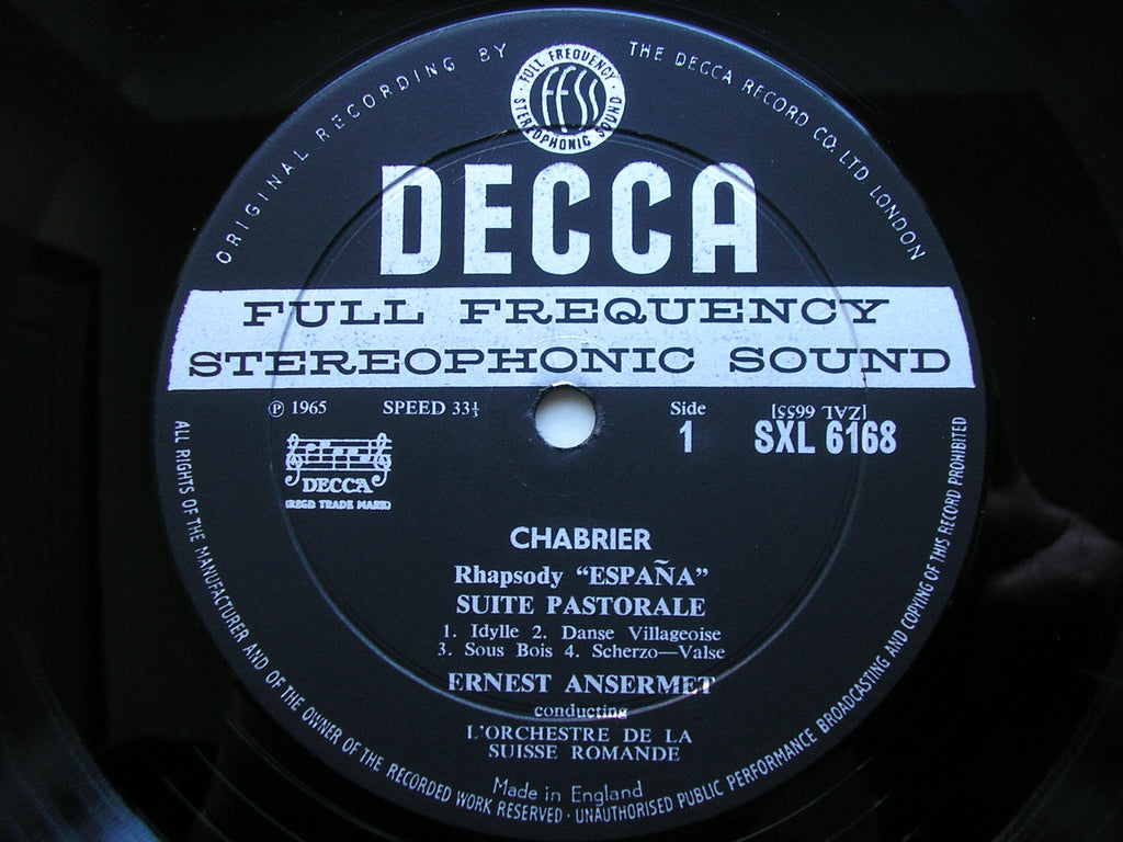 SXL 6168 ANSERMET CONDUCTS CHABRIER: ESPANA / JOYEUSE MARCHE / SUITE PASTORALE ANSERMET / SUISSE ROMANDE